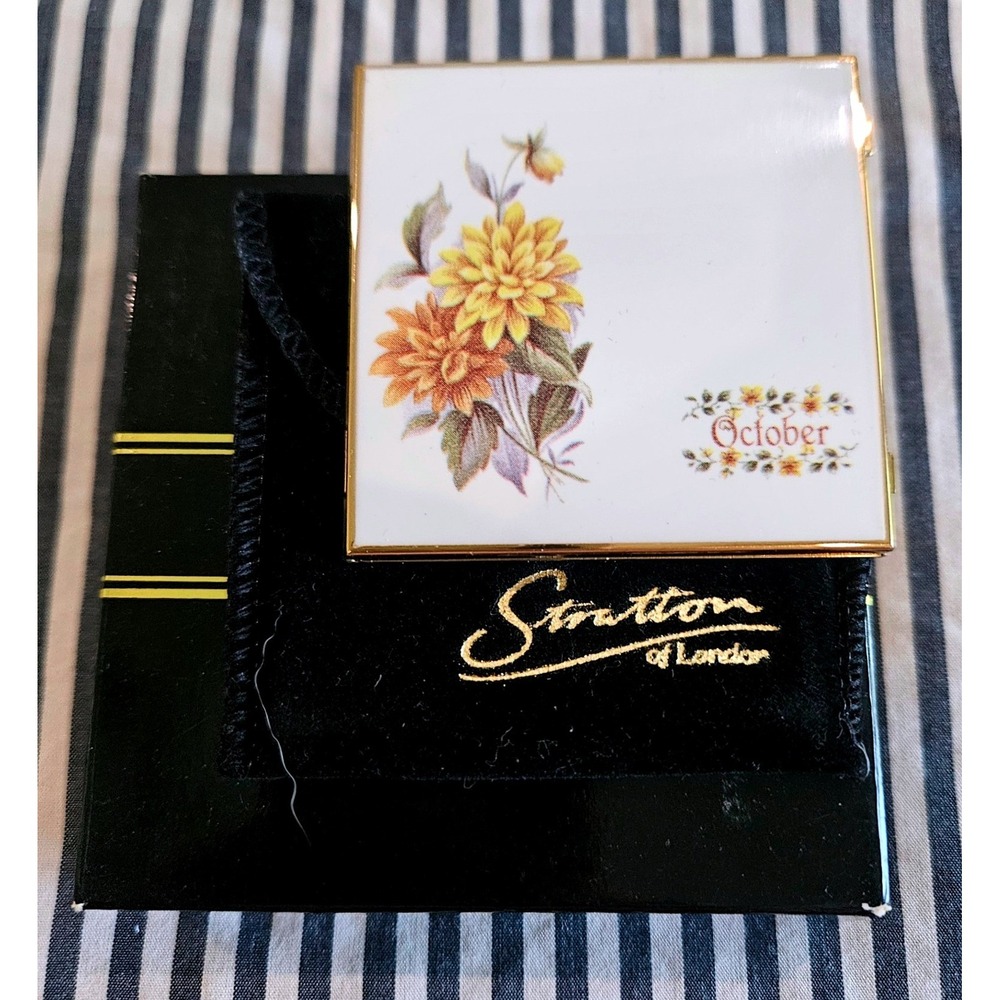 Stratton Compact Mirror Women OS White Gold Excellent October‎ Floral Enamel Box